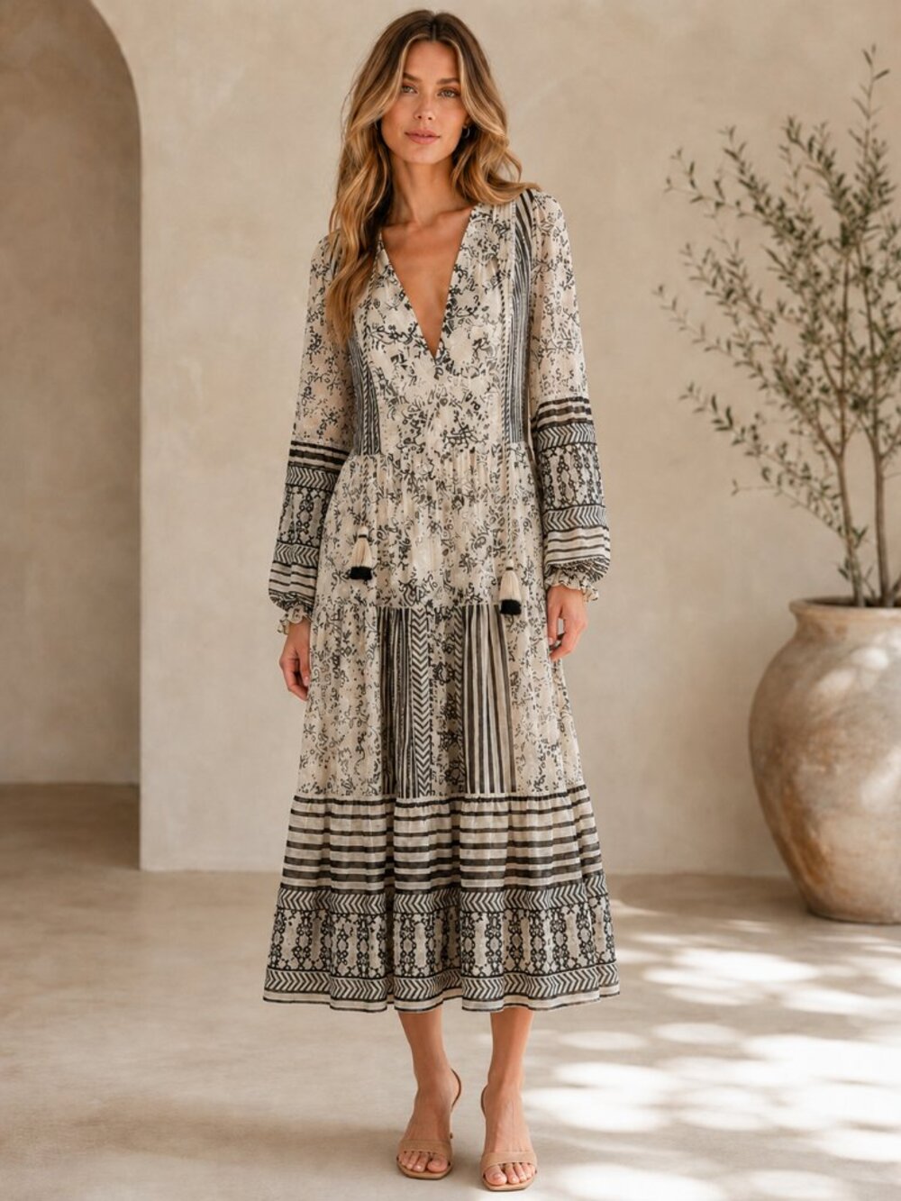 Anthropologie Talulah Tiered Midi Dress Boho Balloon Sleeves Prairie XS